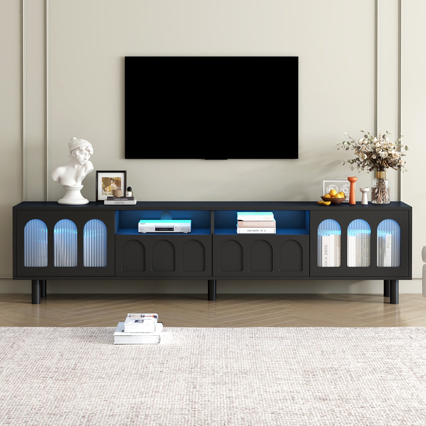 ON-TREND Cream Style TV Stand with LED Light Strip for TVs Up to 80'', Graceful Entertainment Center with 5 Solid Wood Legs, Large Storage Media Console with Fluted Tempered Glass Doors, Black