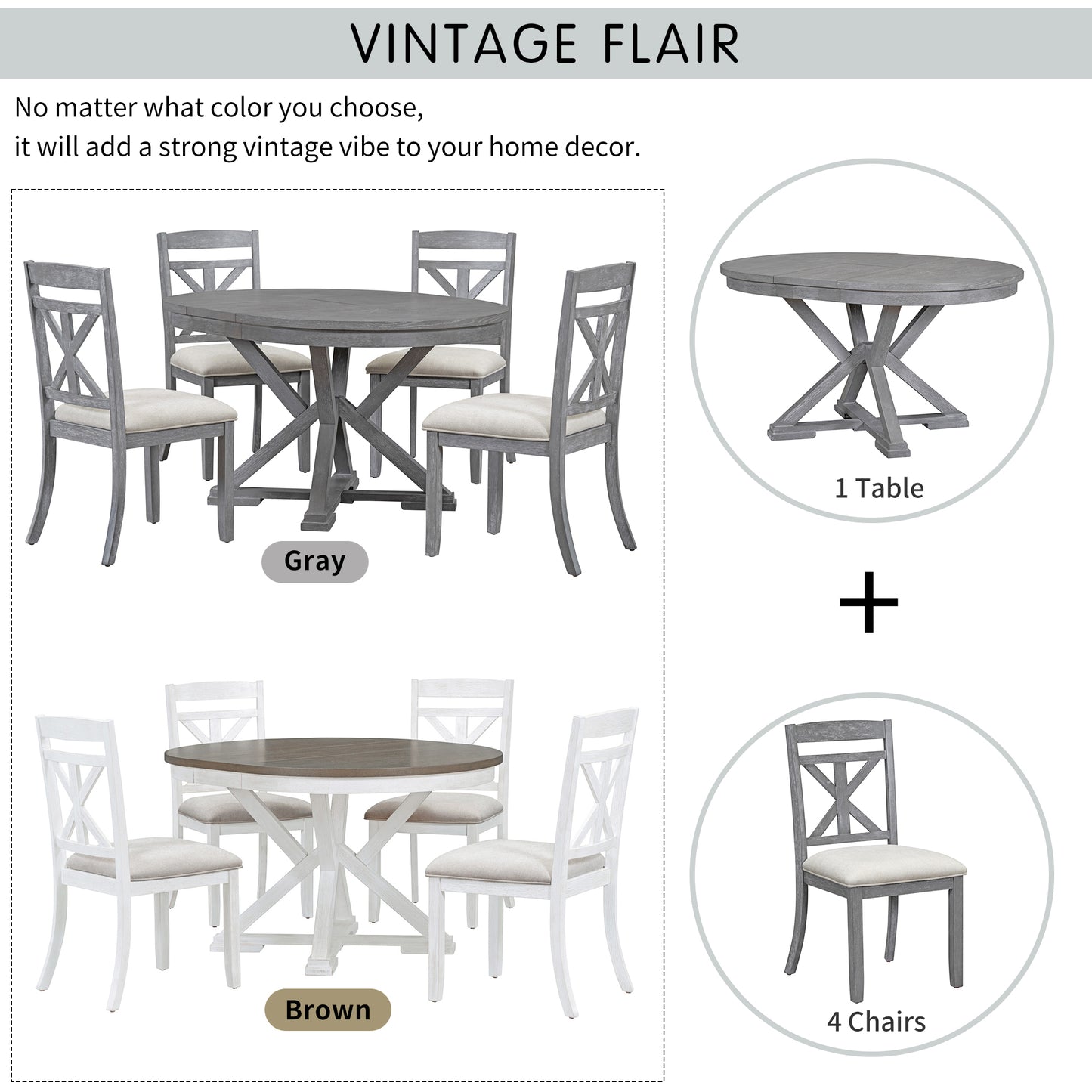 TREXM 5-Piece Retro Functional Dining Table Set Extendable Round Table and 4 Upholstered Chairs for Dining Room and Living Room (Grey)