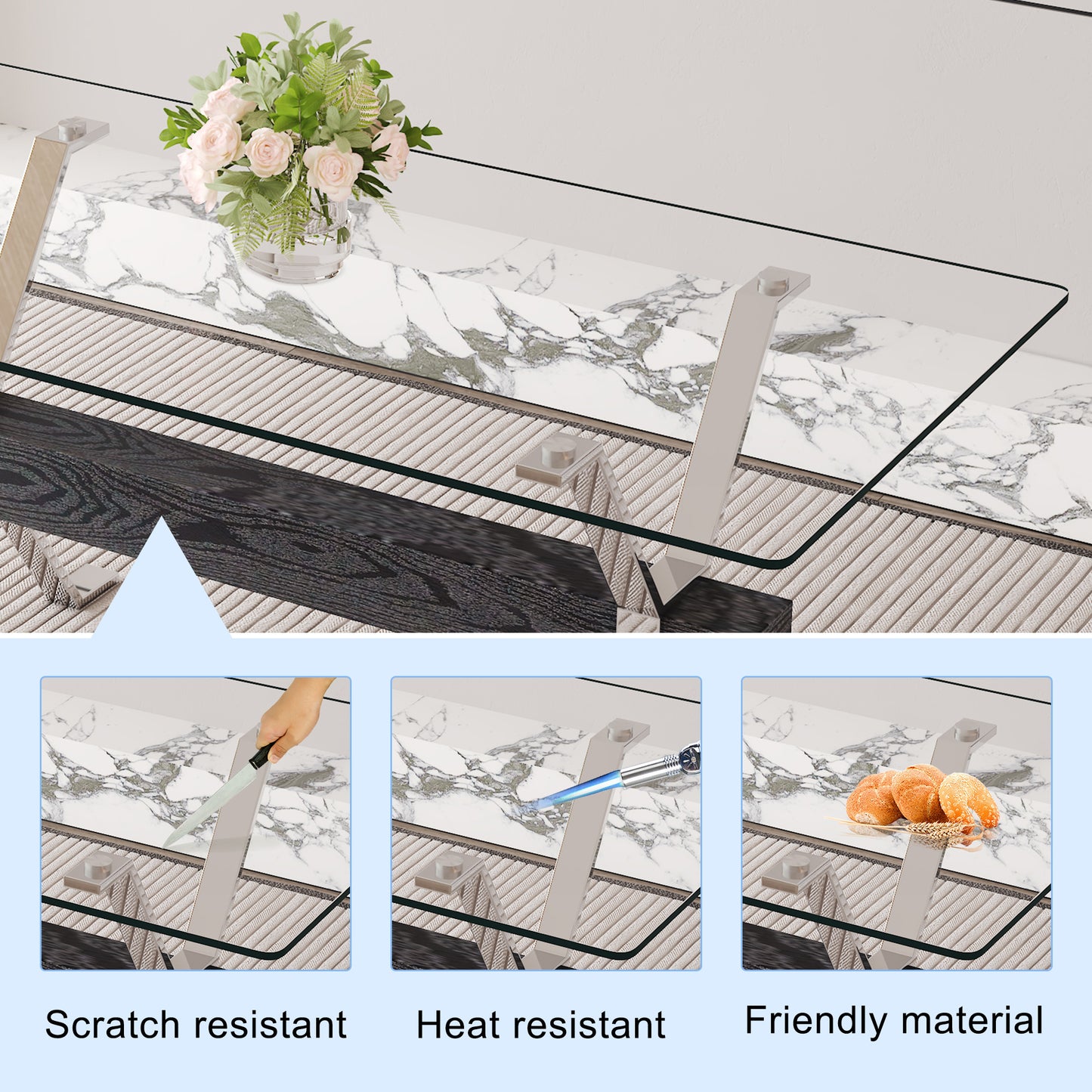 Table and chair set.Elegant Transparent Tempered Glass Dining Set - 71"x35.4" with 6 Black PU Chairs with a vertical stripe design on the backrest.