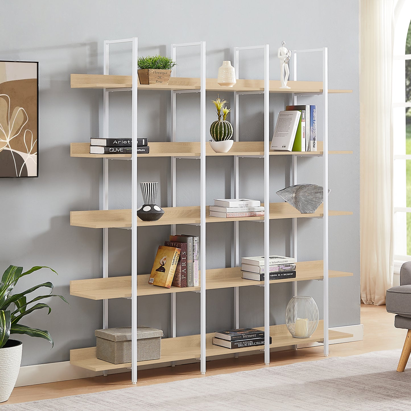 Librería de 5 niveles para oficina en casa, estilo industrial vintage, tablero de MDF, estructura de metal blanco, roble