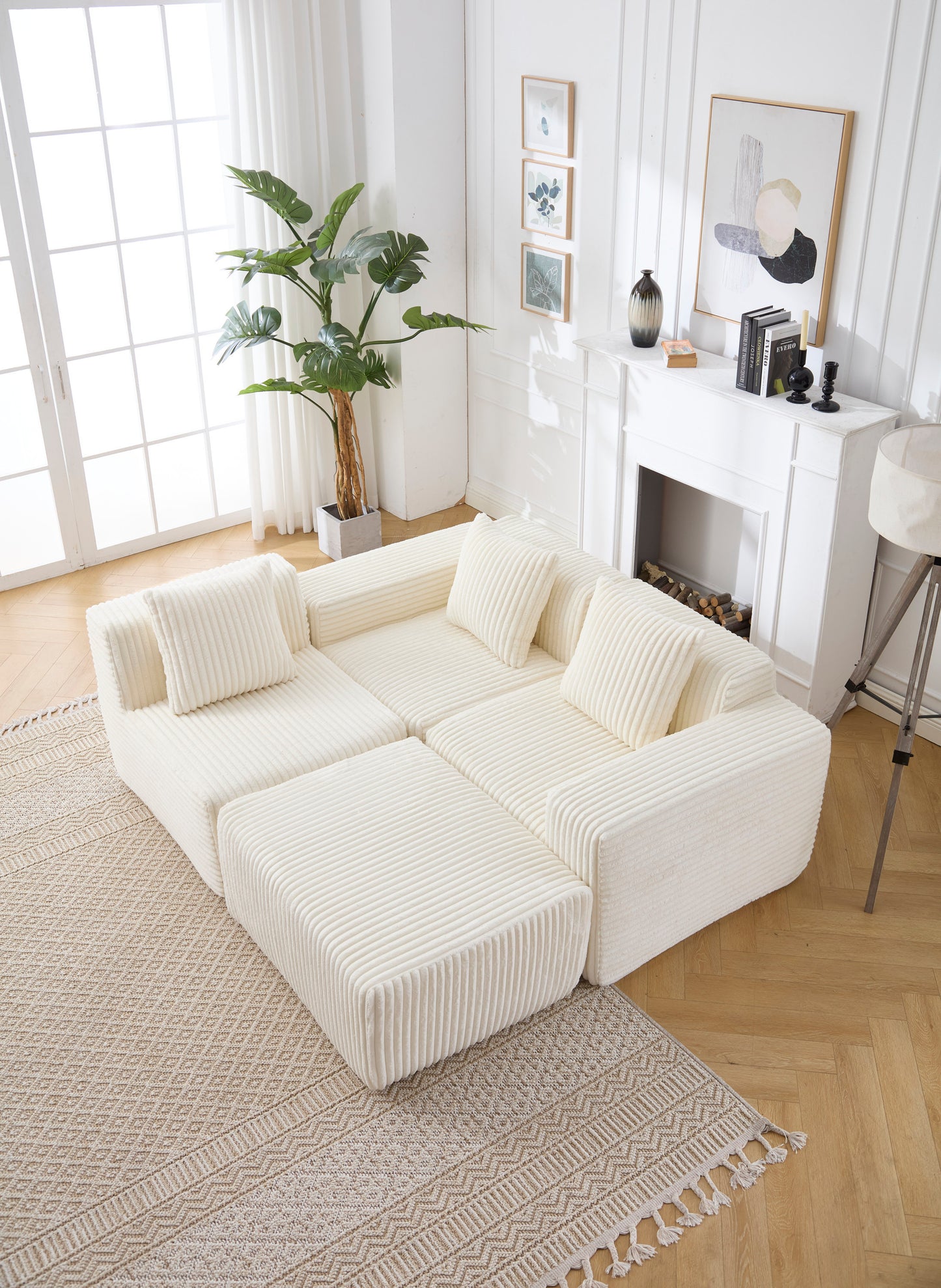 Modern Minimalist Modular Sectional Sofa, L-Shape Upholstered Cloud Couch with Deep Seats, Right Facing Chaise for Living Room-White
