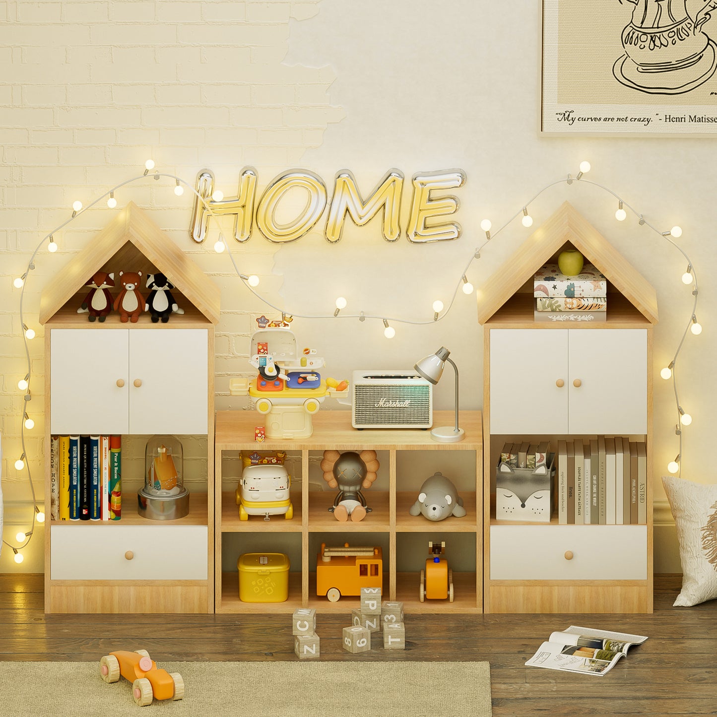 Estantería infantil versátil con diseño en forma de casa, almacenamiento multifuncional para libros y juguetes, ubicación ajustable, organizador infantil duradero para sala de juegos o dormitorio, fácil de montar y seguro para niños.