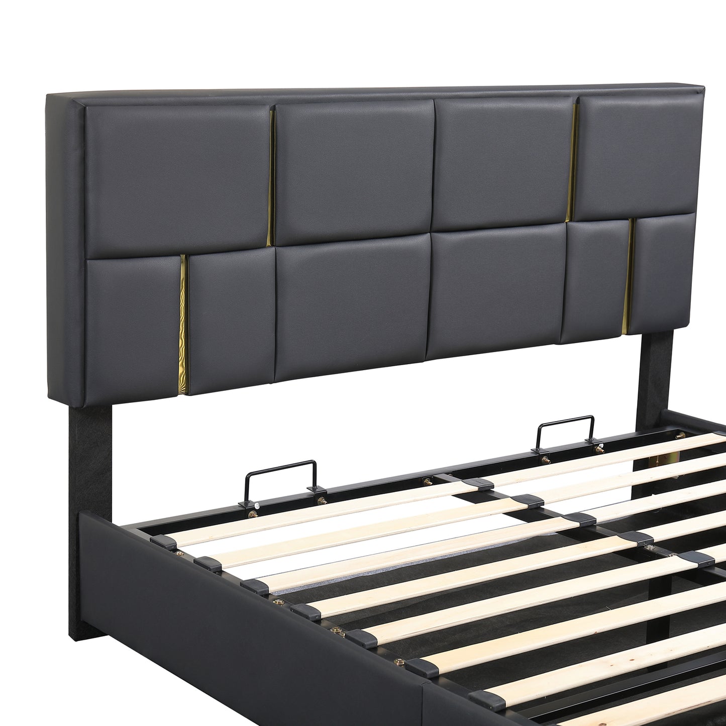 Juego de dormitorio de 2 piezas, cama Queen con plataforma tapizada y sistema de almacenamiento hidráulico, otomana con patas de metal, color negro