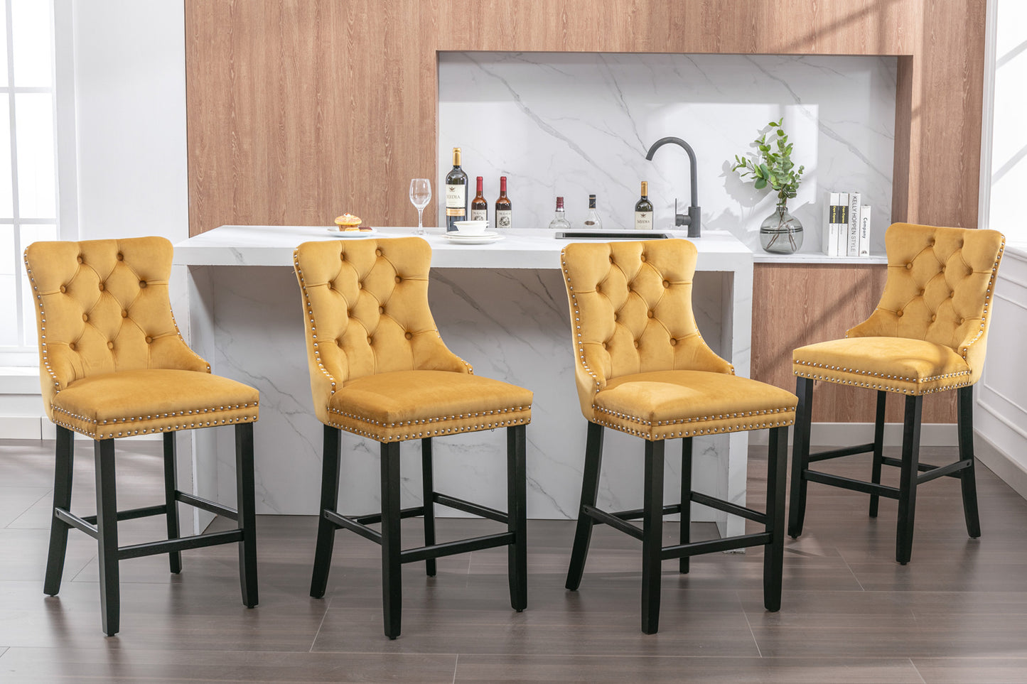 Contemporary Velvet Upholstered Barstools with Button Tufted Decoration and Wooden Legs, and Chrome Nailhead Trim, Leisure Style Bar Chairs,Bar stools, Set of 2 (Golden),SW2002GL