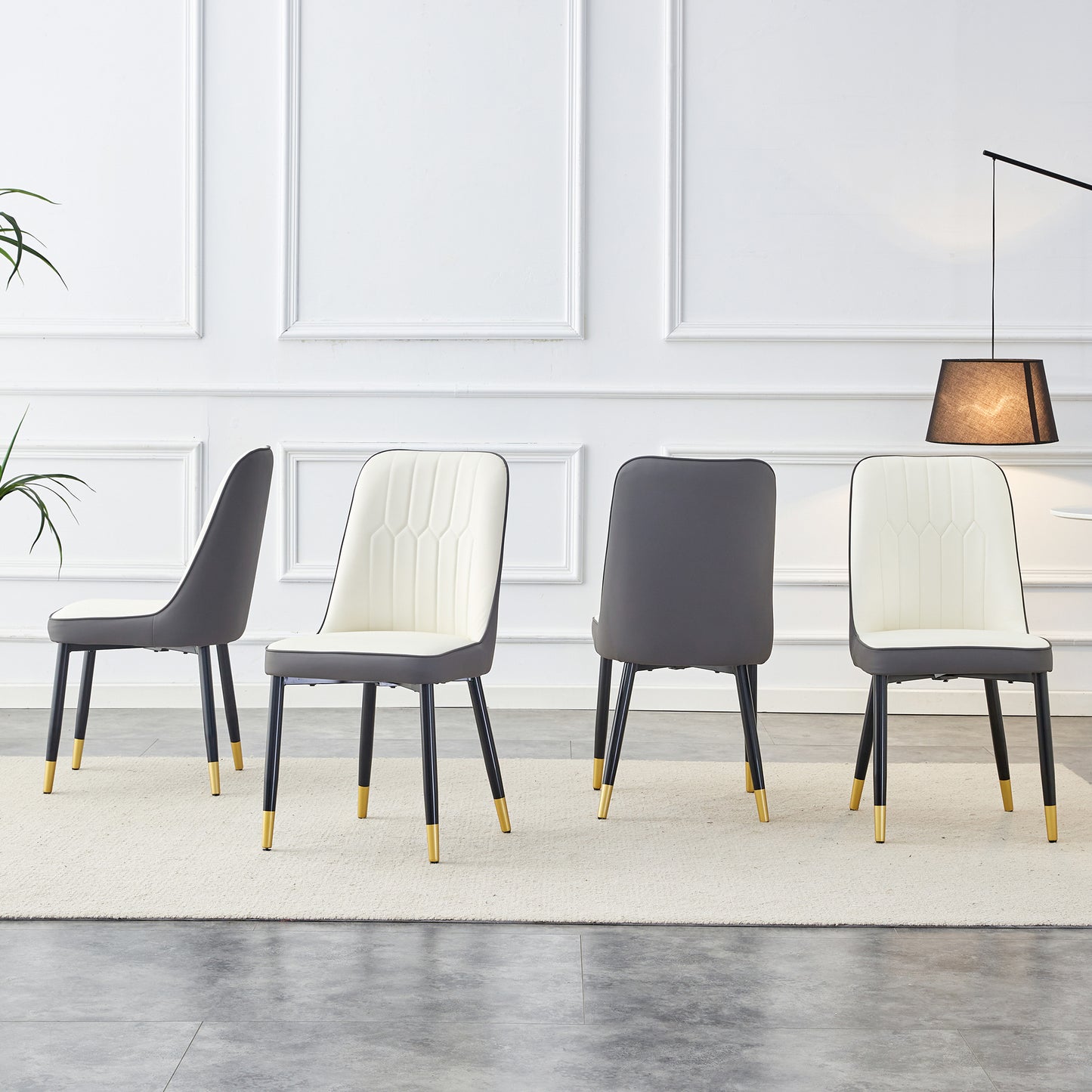 Large modern minimalist rectangular dining table with 0.39 "imitation marble black tabletop and golden metal legs, paired with chairs with PU cushions and black metal legs. F-1538 C-007