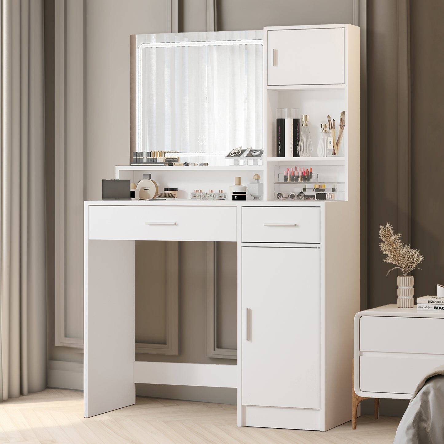 Tocador con espejo y tira de luz LED, tocador con cajón grande, 3 niveles de almacenamiento y 3 modos de iluminación con brillo ajustable, ideal para dormitorio (blanco)