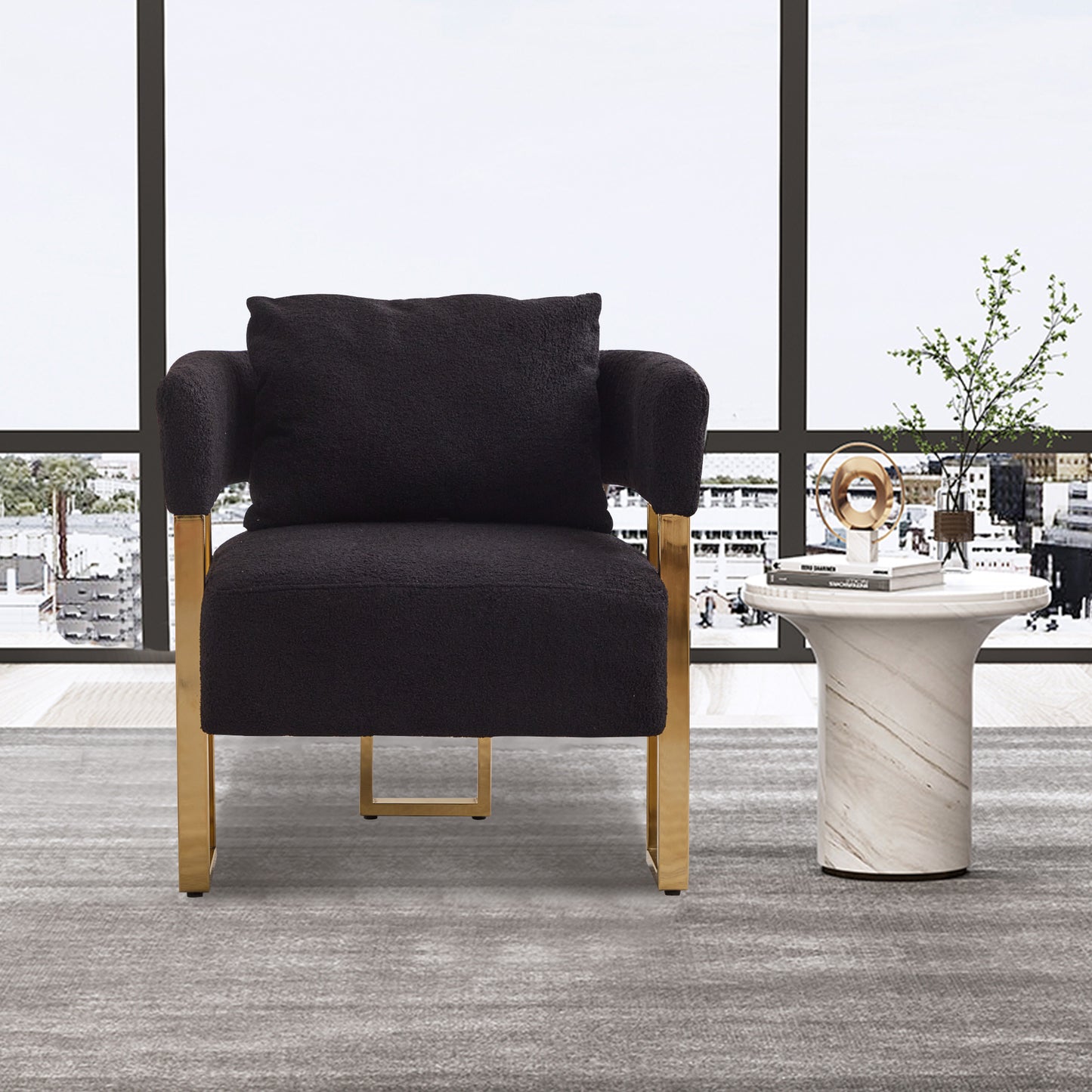 TS Modern decorative chair, living room side chair with gold metal legs, no wheels, suitable for dressing area, reception room, office,Teddy fleece upholstered metal foot sofa 2PCS Black