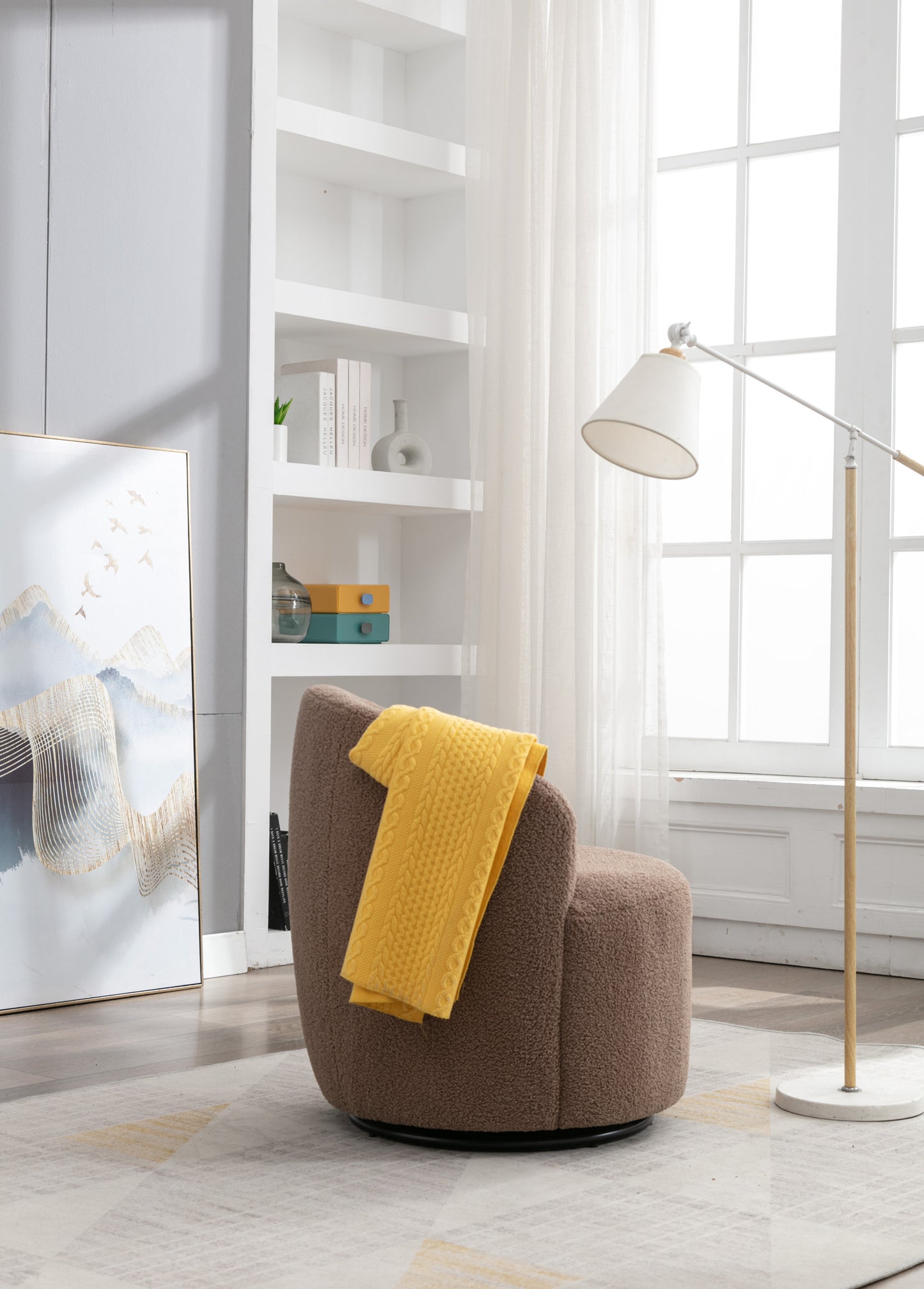 Teddy Fabric Swivel Accent Armchair Barrel Chair With Black Powder Coating Metal Ring,Coffee Brown