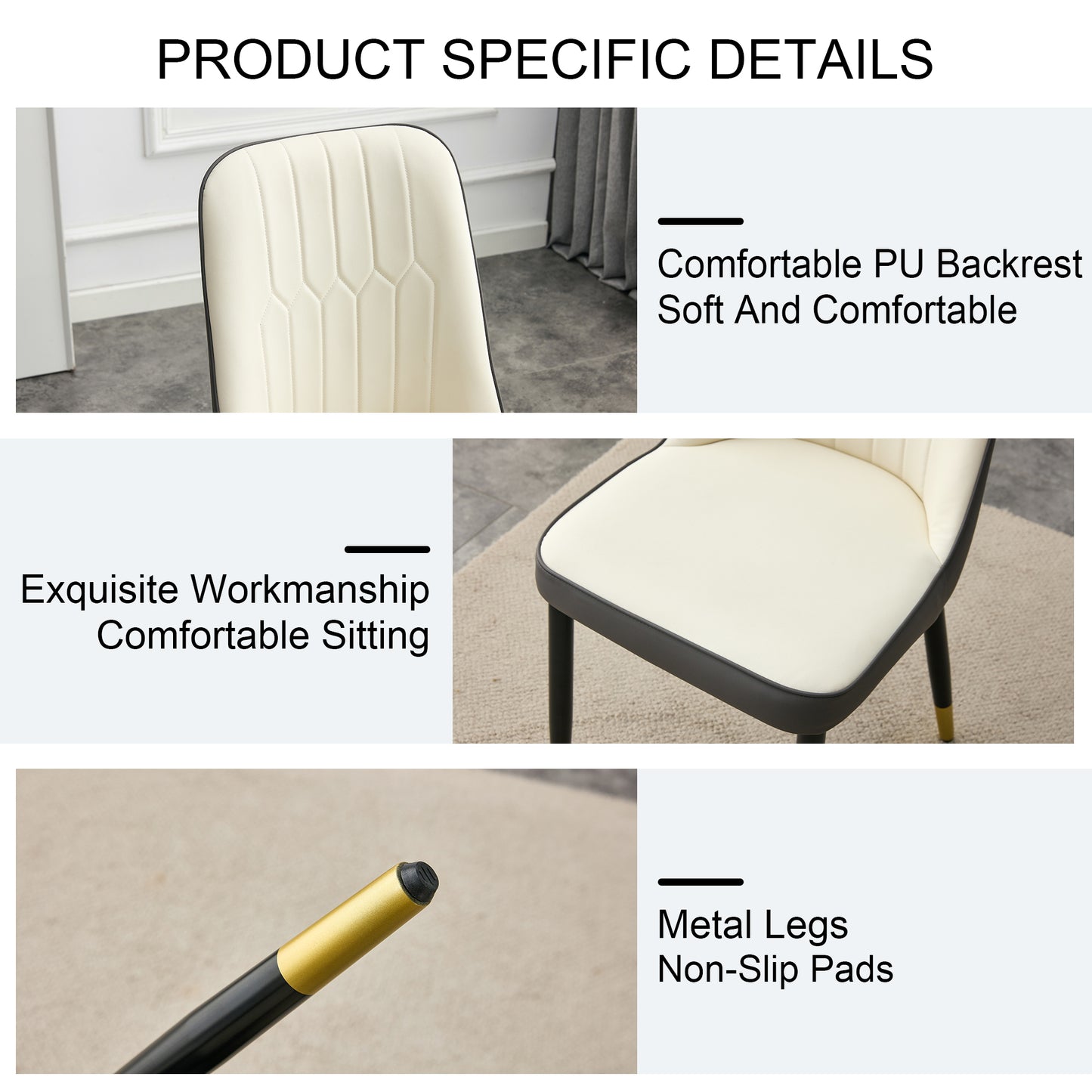 Large modern minimalist rectangular dining table with 0.39 "imitation marble black tabletop and golden metal legs, paired with chairs with PU cushions and black metal legs. F-1538 C-007