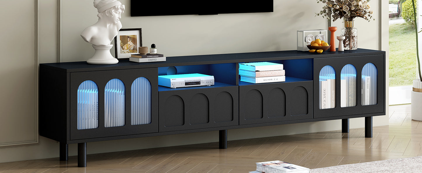 ON-TREND Cream Style TV Stand with LED Light Strip for TVs Up to 80'', Graceful Entertainment Center with 5 Solid Wood Legs, Large Storage Media Console with Fluted Tempered Glass Doors, Black