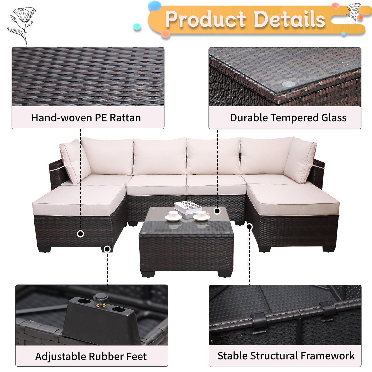 7pc Brown & Beige Patio Set – Outdoor Rattan Sectional w/ Glass Table
