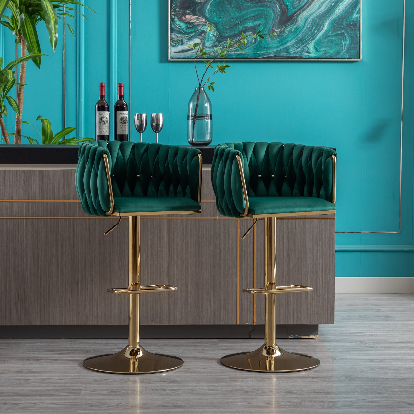 Set of 2 Bar Stools,with Chrome Footrest and Base Swivel Height Adjustable Mechanical Lifting Velvet + Golden Leg Simple Bar Stool-Green