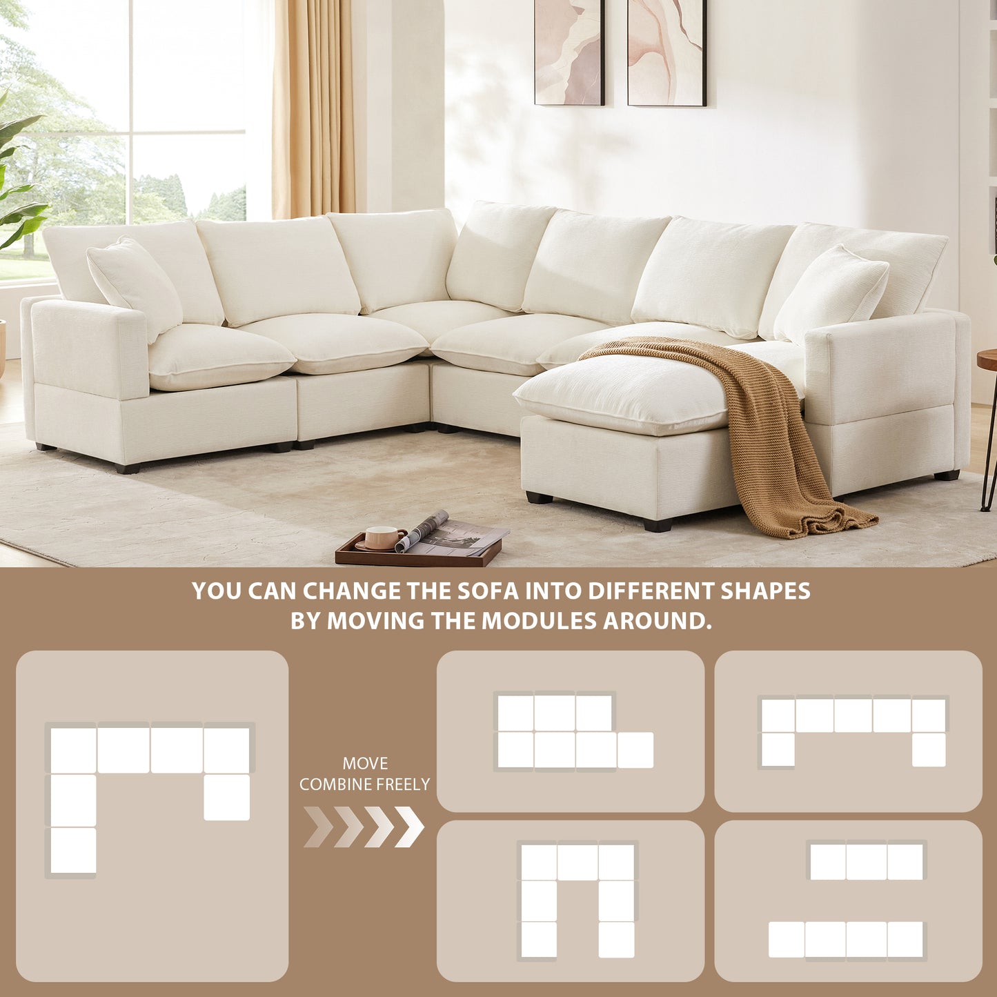 110*86" Modern U Shape Modular Sofa, 7 Seat Chenille Sectional Couch Set with 2 Pillows Included, Freely Combinable Indoor Funiture for Living Room, Apartment, Office, 2 Colors