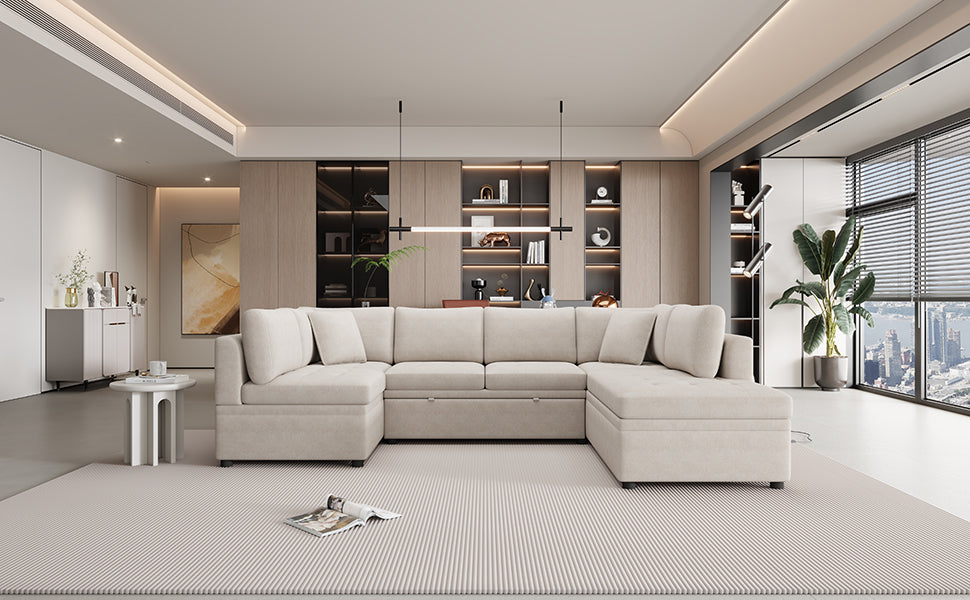 Sofá seccional extragrande de 117.3" en forma de U, sofá cama extraíble con dos cojines para sala de estar, color beige
