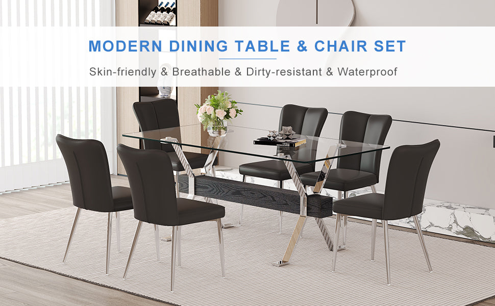 Table and chair set.Elegant Transparent Tempered Glass Dining Set - 71"x35.4" with 6 Black PU Chairs with a vertical stripe design on the backrest.