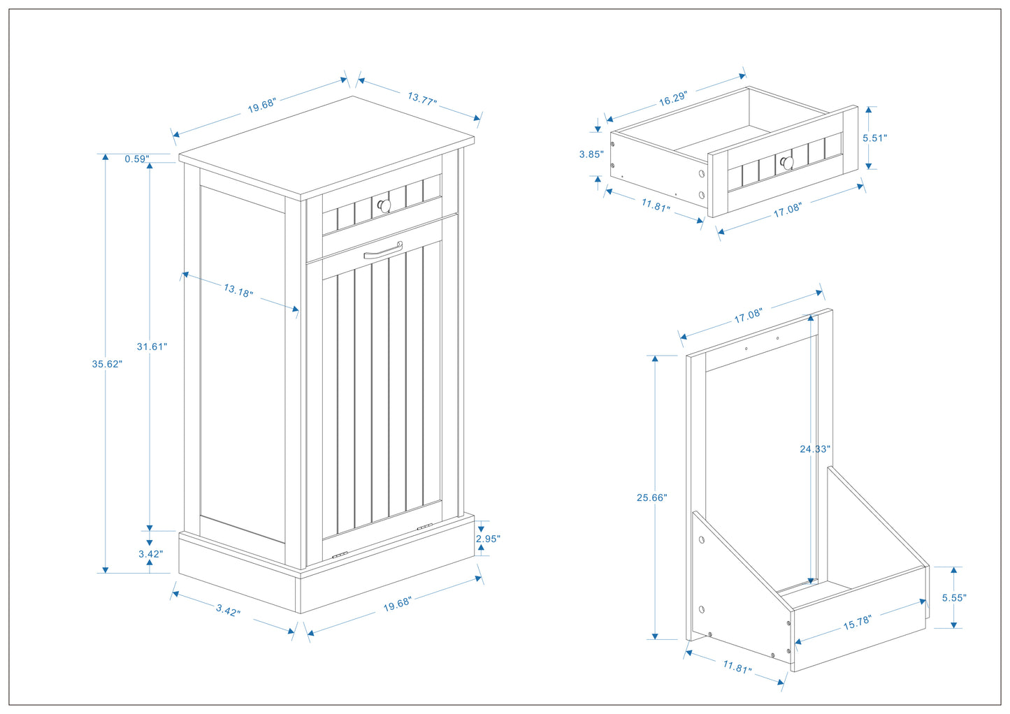 Gabinete de basura abatible con un cajón y un compartimento para cocina, color blanco