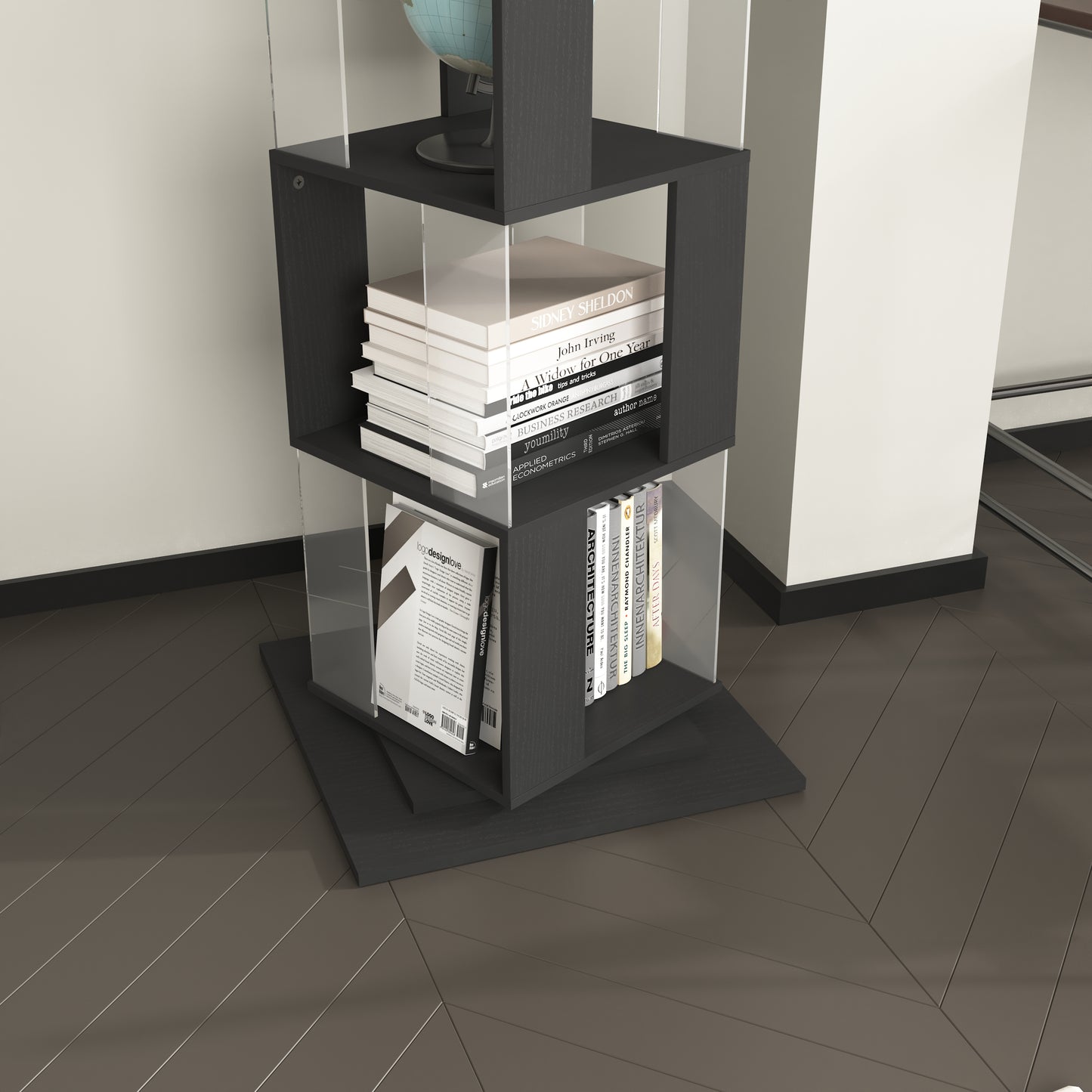 6 tier Rotating Bookshelf, Floor Rack Simple Bookcase with Acrylic plate Student Multi-Function Creative Bookshelf for Living Room with anti-toppling base