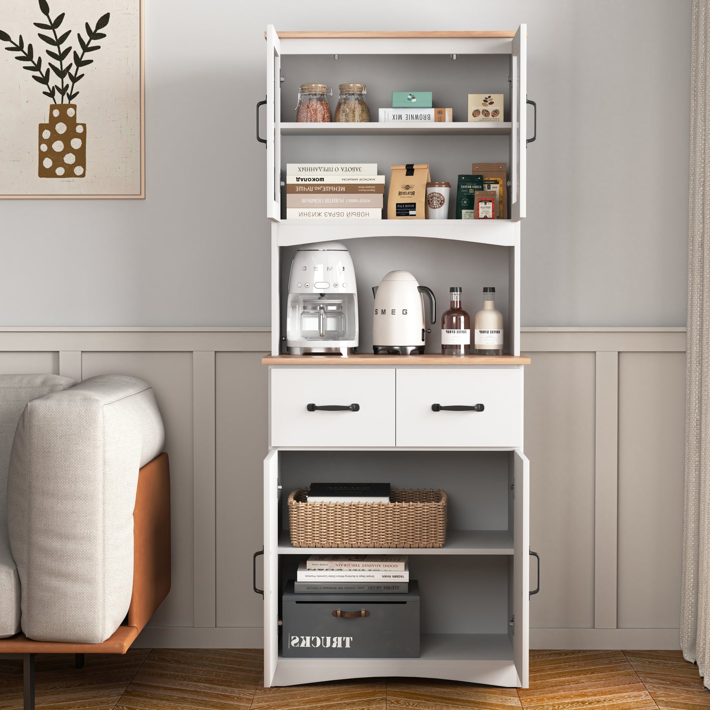 Gabinete de cocina de madera blanco para despensa, armario para microondas con puertas de vidrio enmarcadas y cajón.