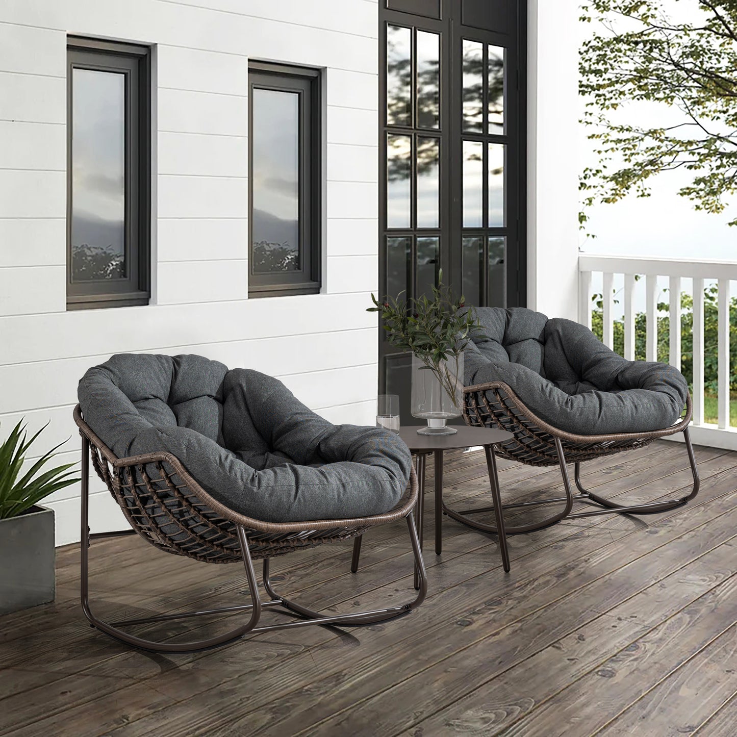 Mecedora de ratán para exterior, con cojín acolchado, reclinable, para porche, sala de estar, patio y jardín, color gris.