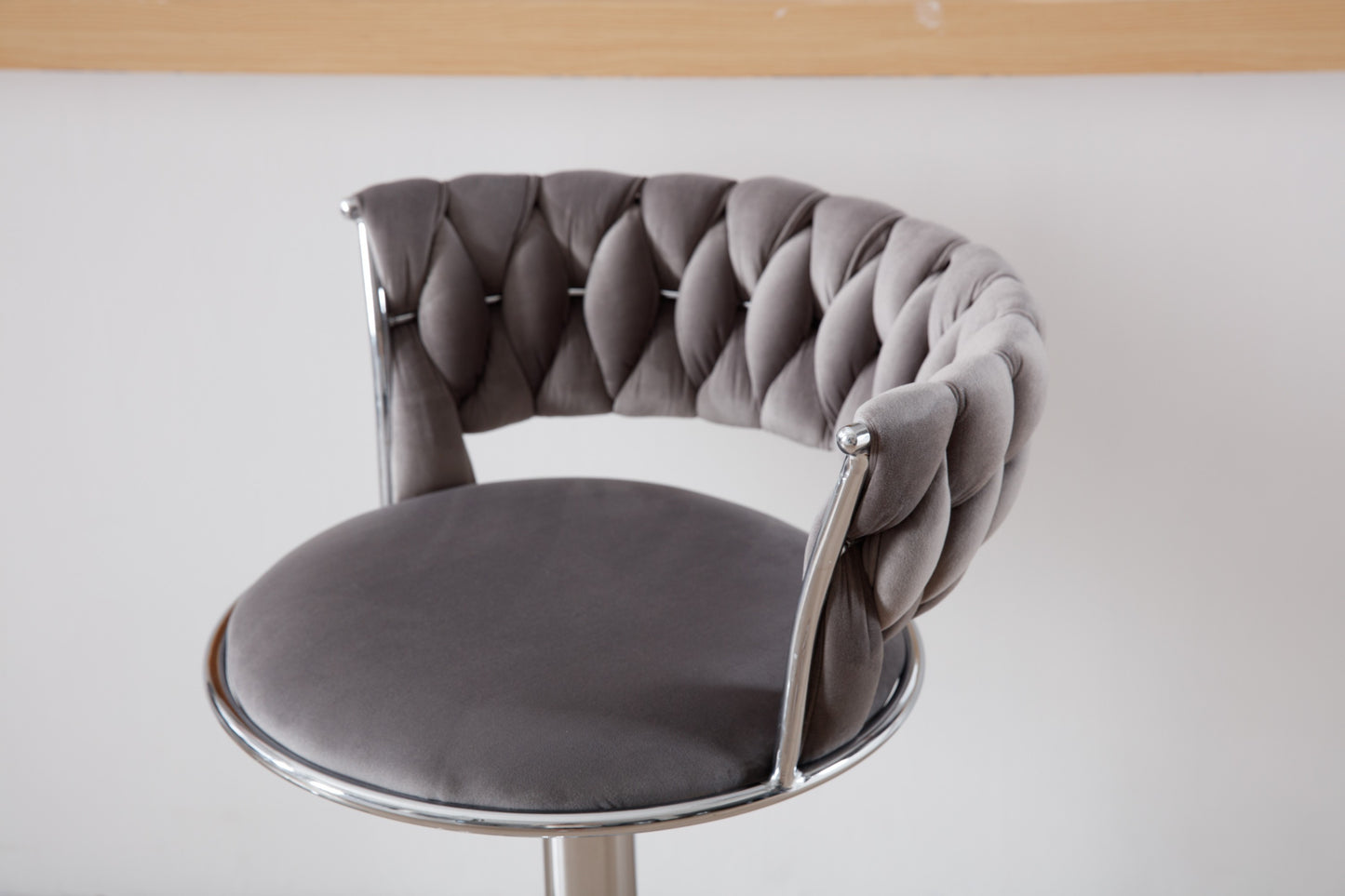 Set of 2 Bar Stools,with Chrome Footrest and Base Swivel Height Adjustable Mechanical Lifting Velvet + Bar Stool-GREY