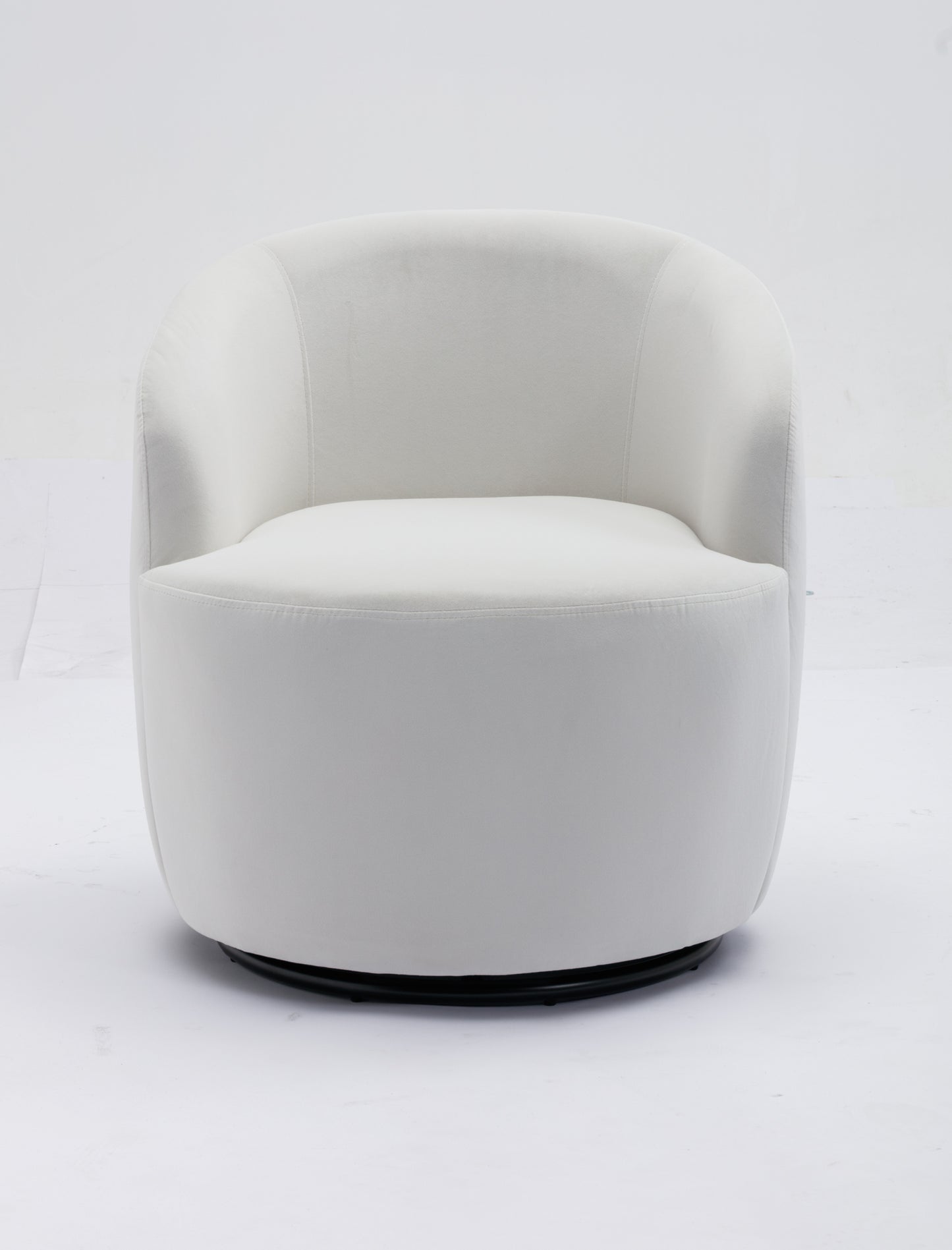Sillón giratorio de terciopelo con acento tipo barril y aro metálico con recubrimiento en polvo negro, color blanco