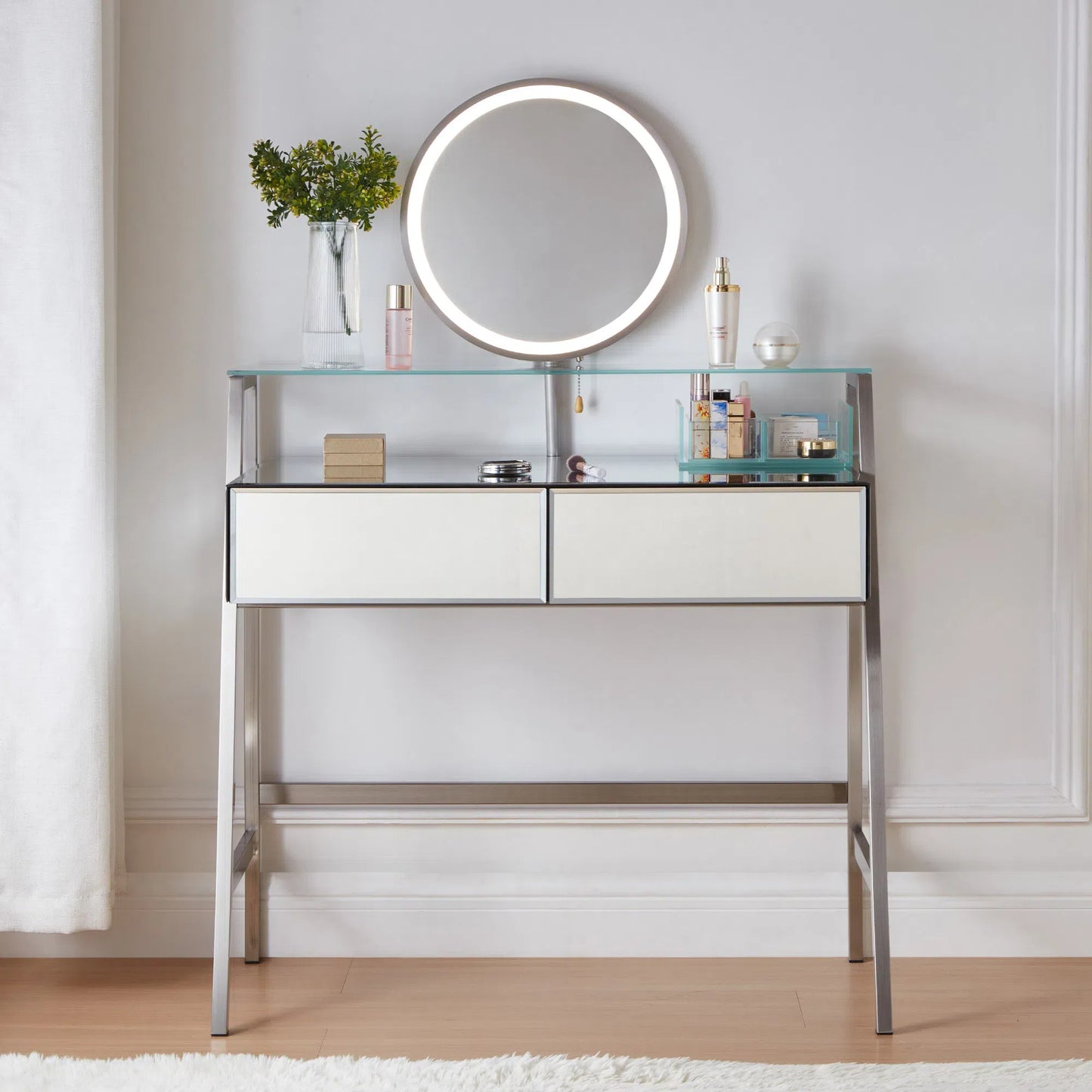 Tocador con espejo de 85 cm, espejo e iluminación, consola con espejo, 2 cajones grandes y estante abierto, tocador con estación de carga para dormitorio, color plateado