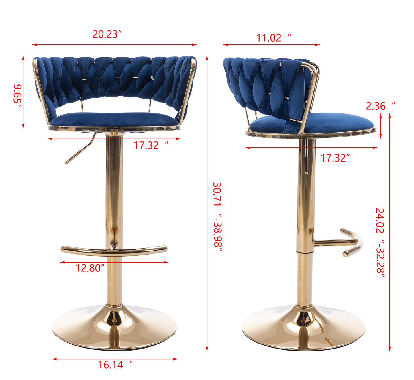 Set of 2 Bar Stools,with Chrome Footrest and Base Swivel Height Adjustable Mechanical Lifting Velvet + Golden Leg Simple Bar Stool-BLUE