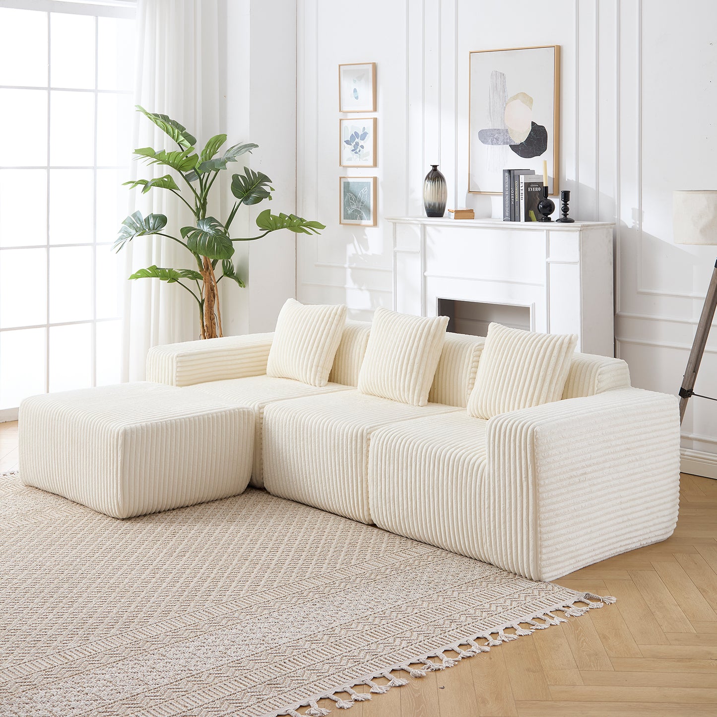 Modern Minimalist Modular Sectional Sofa, L-Shape Upholstered Cloud Couch with Deep Seats, Right Facing Chaise for Living Room-White