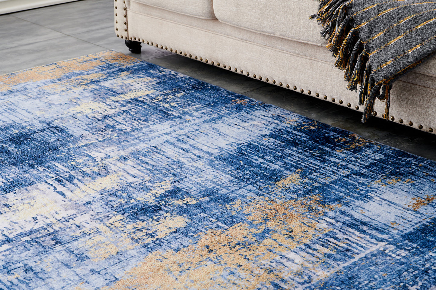 ZARA Collection Abstract Design Blue Gold (10.5' ft x 7.5' ft) Machine Washable Super Soft Area Rug