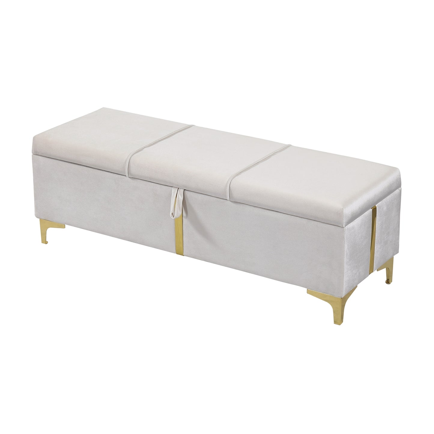 Juego de dormitorio de 2 piezas, cama Queen con plataforma tapizada y sistema de almacenamiento hidráulico, otomana con patas de metal, color beige.