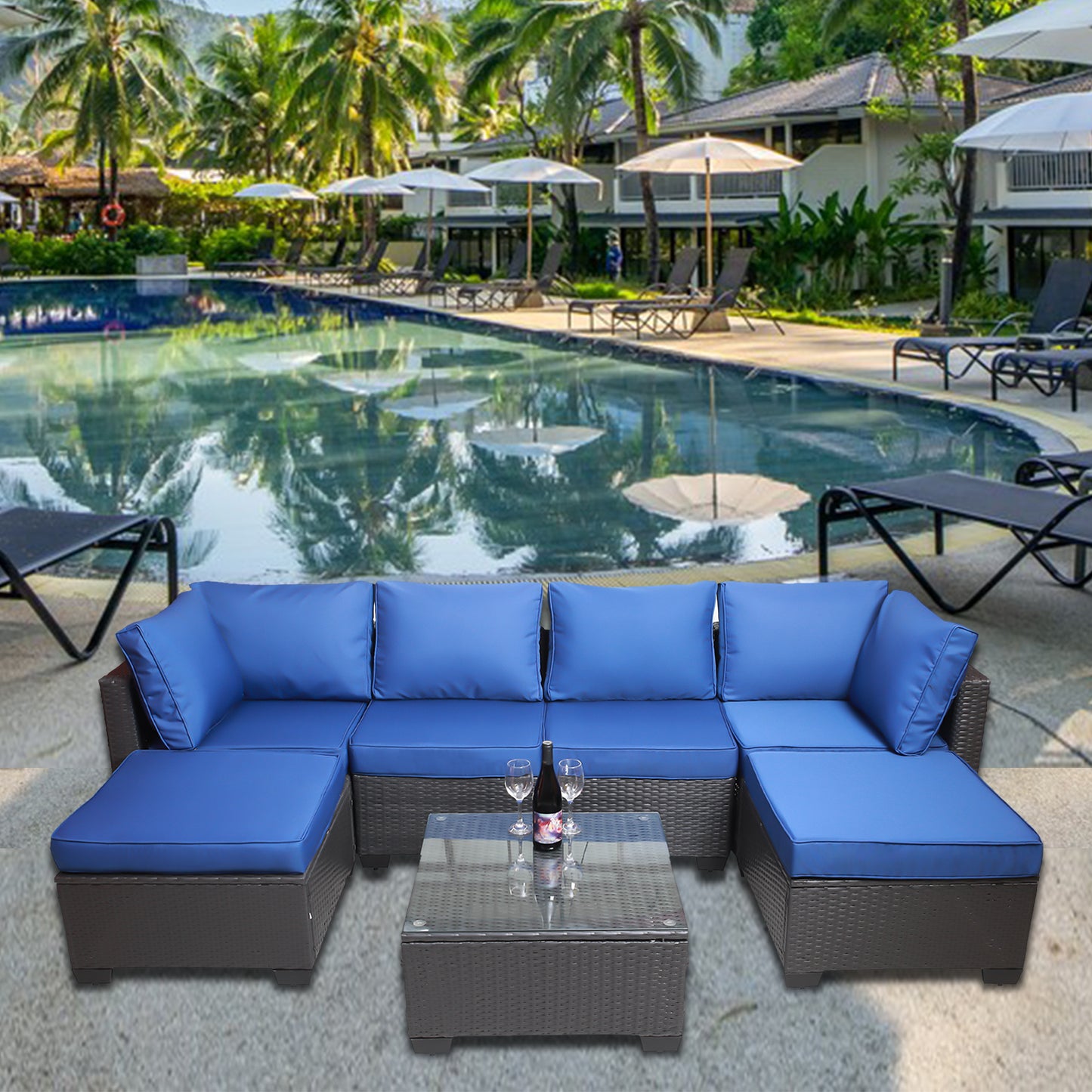 7pc Royal Blue Patio Set – Outdoor Rattan Sectional w/ Glass Table