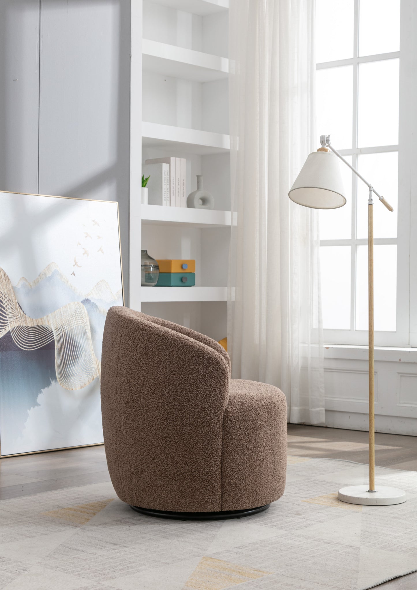 Teddy Fabric Swivel Accent Armchair Barrel Chair With Black Powder Coating Metal Ring,Coffee Brown