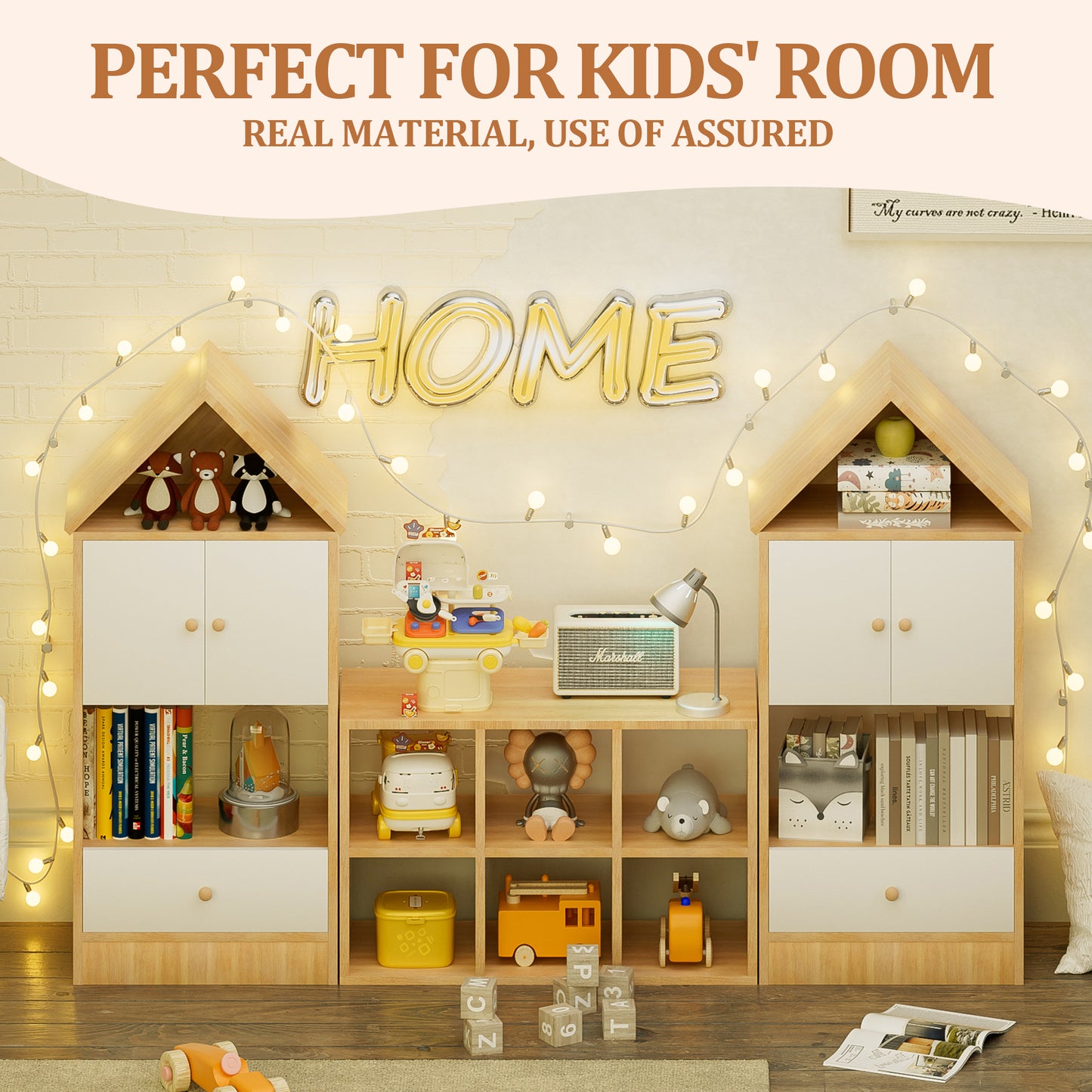 Estantería infantil versátil con diseño en forma de casa, almacenamiento multifuncional para libros y juguetes, ubicación ajustable, organizador infantil duradero para sala de juegos o dormitorio, fácil de montar y seguro para niños.