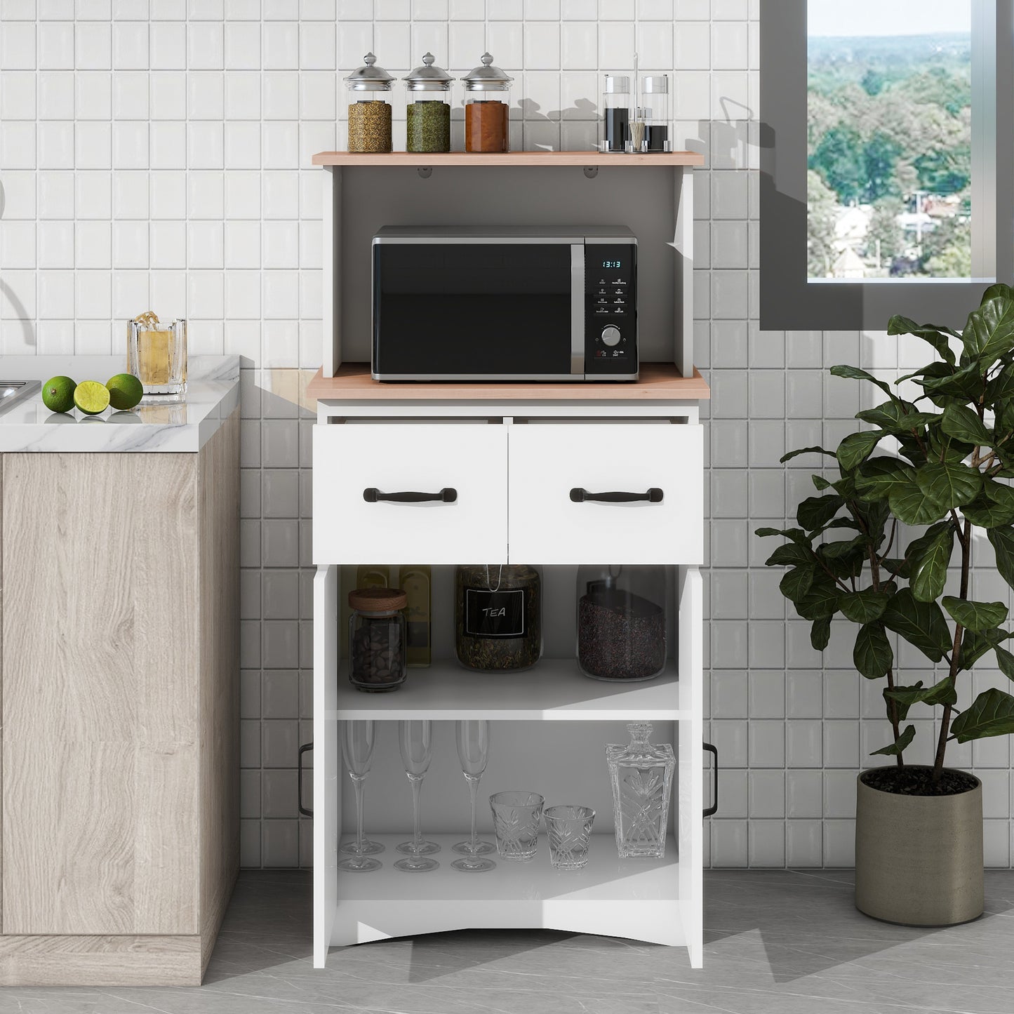 Gabinete de cocina de madera blanco, despensa, armario para microondas con cajón de almacenamiento