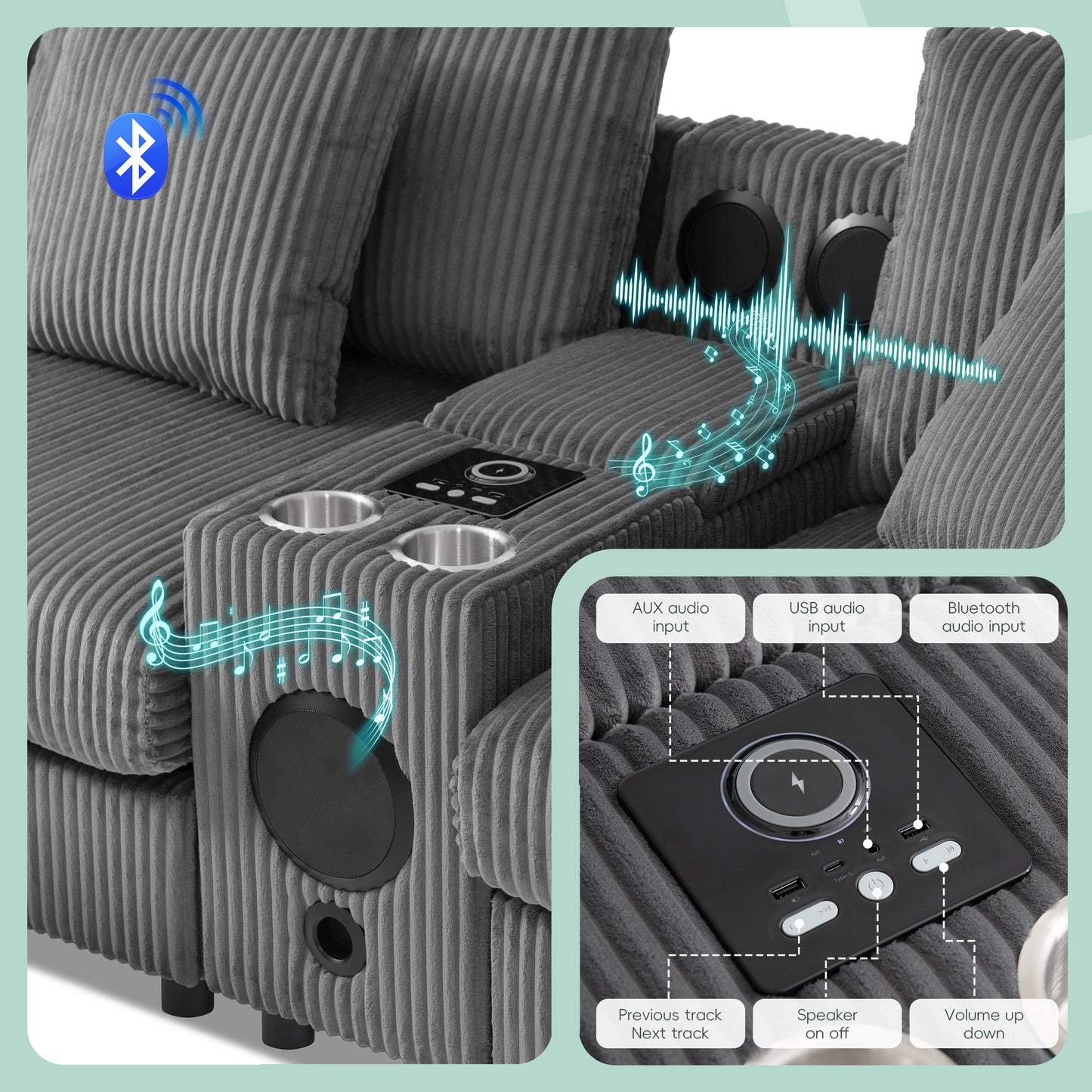 114*64'' Corduroy Sectional Sofa with Bluetooth Speakers,L Shaped Couch with Console,USB Charger,Cup Holders,Storage,Ottoman,Deep and Wide Seat Cloud Sofa for Living Room,Apartment,2 Colors