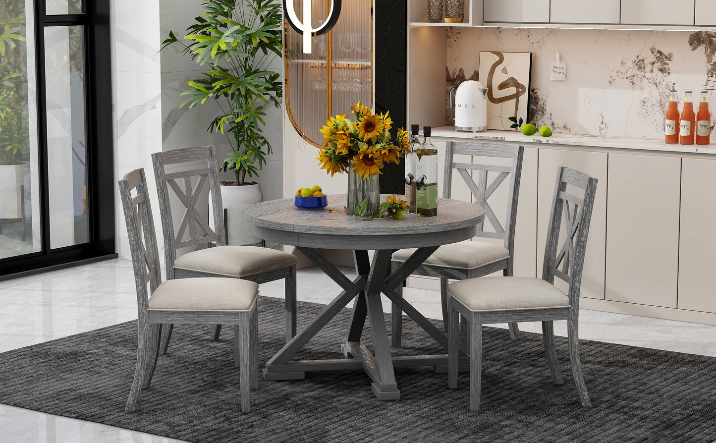 TREXM 5-Piece Retro Functional Dining Table Set Extendable Round Table and 4 Upholstered Chairs for Dining Room and Living Room (Grey)
