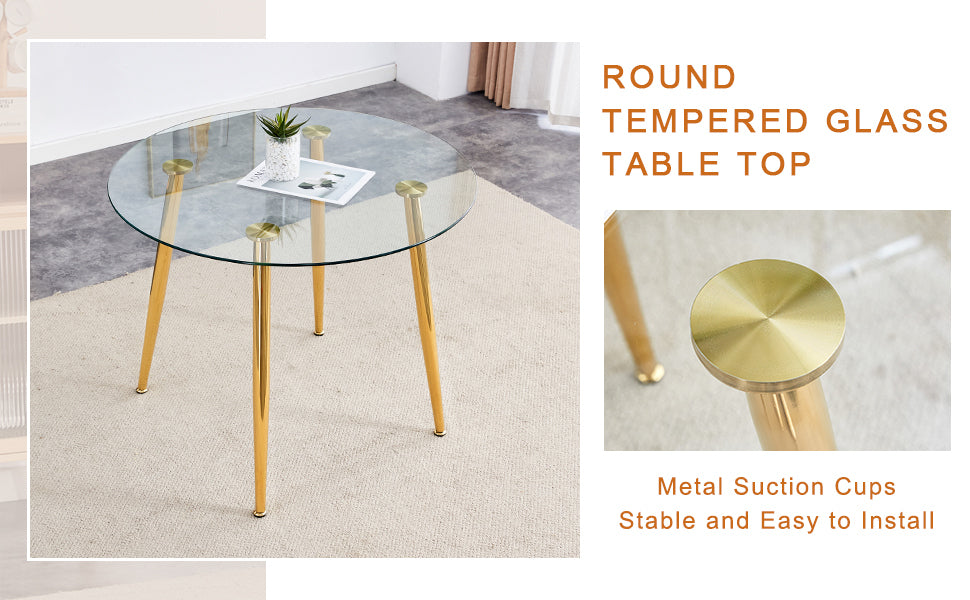 Table and chair set.36 Inch Diameter Modern Luxury Glass Dining Table and Chair Set - Gold Frame, Metal Legs.Two Black PU Chairs with Simple Line Designs On The Backrest.