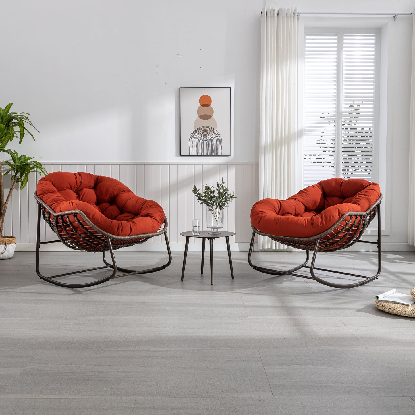 Mecedora de ratán para exterior, con cojín acolchado, reclinable, para porche, sala de estar, patio y jardín, color naranja