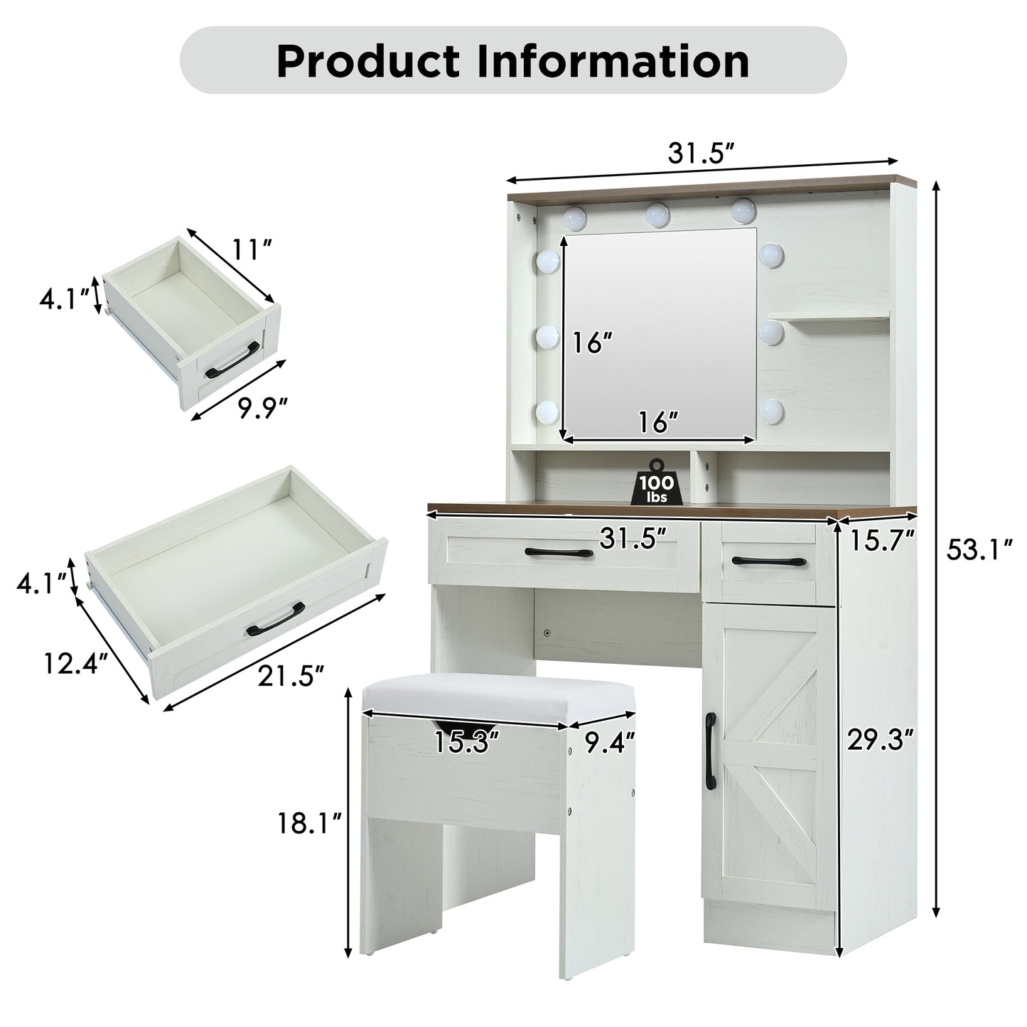 Farmhouse Makeup Vanity Desk with Mirror and Lights, 3 Lighting Modes, Vanity Set with Stool, Dressing Table with Adjustable Shelves,2 Drawers and Side Cabinet for Bedroom, White