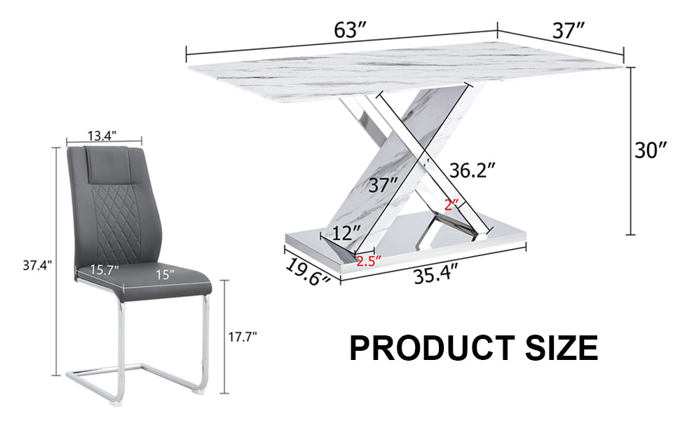 Table and chair set, modern dining table, imitation marble white top and silver legs, soft and comfortable dining chair, perfect for dinner, meetings, home and office decor