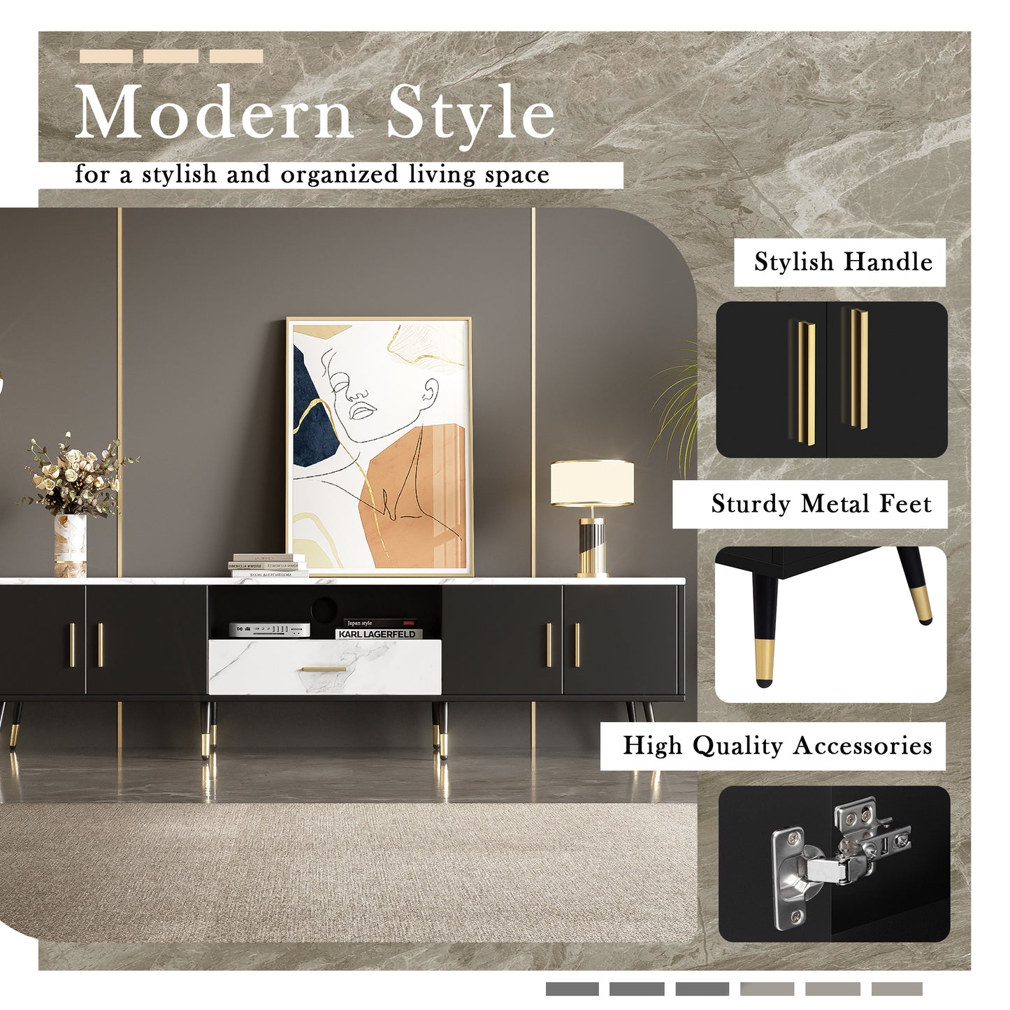 71'' Modern TV Stand with 2 Cabinets& Open Compartments, Entertainment Center for TVs up to 80'', Television Console for Living Room, Bedroom, Home Theatre