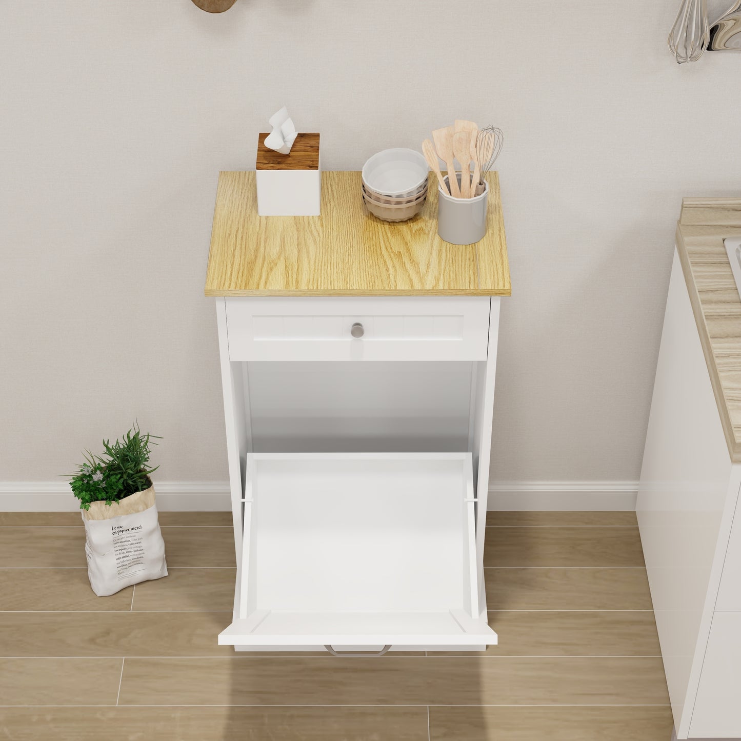 Gabinete de basura abatible con un cajón y un compartimento para cocina, color blanco