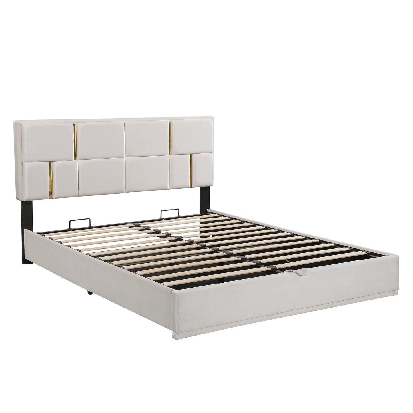 Juego de dormitorio de 2 piezas, cama Queen con plataforma tapizada y sistema de almacenamiento hidráulico, otomana con patas de metal, color beige.