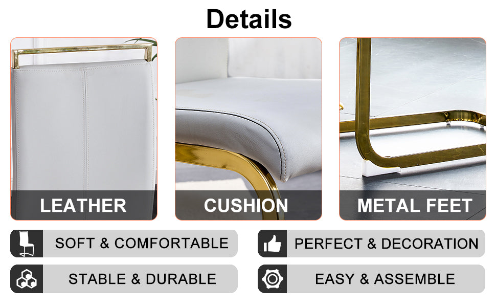 Table and chair set.Large modern rectangular table with 0.4 inch patterned glass tabletop and large MDF table legs.Comes with 6 chairs with faux leather cushioned seats and golden metal legs.