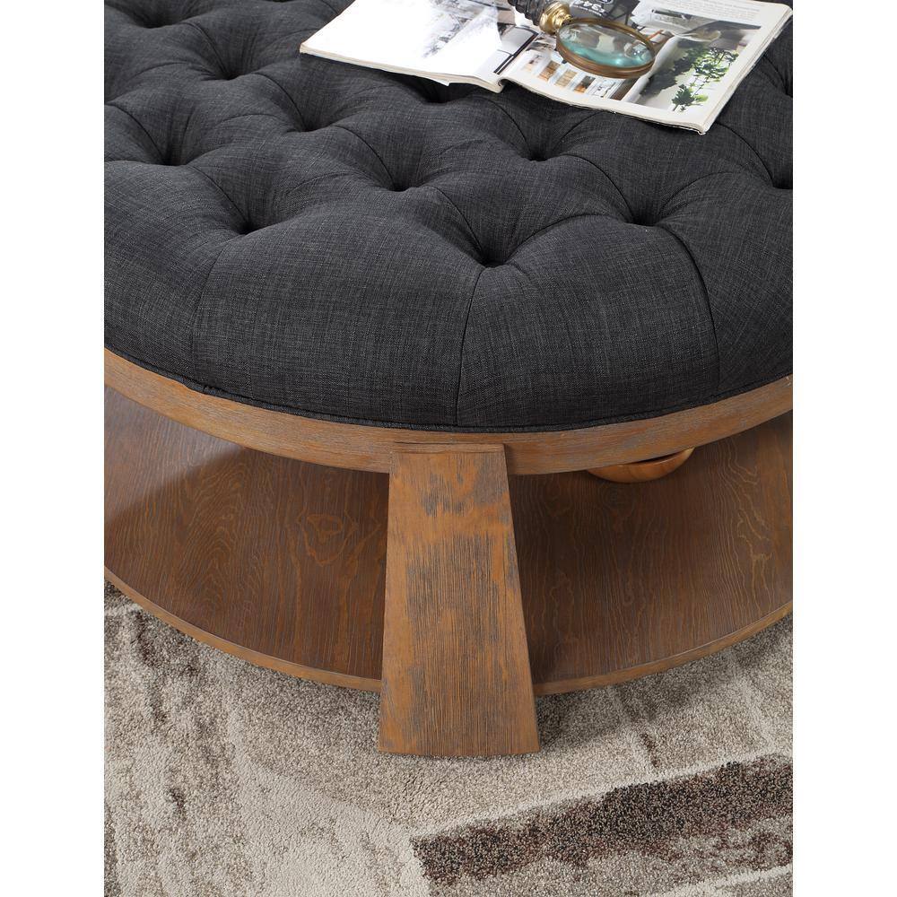 Wire-brushed Finish Natural Tone/Dark Gray 1pc Ottoman Transitional Style Deep Button Linen Like Tufted Seat Open Bottom Shelf Living Room