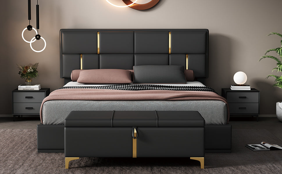 Juego de dormitorio de 2 piezas, cama Queen con plataforma tapizada y sistema de almacenamiento hidráulico, otomana con patas de metal, color negro