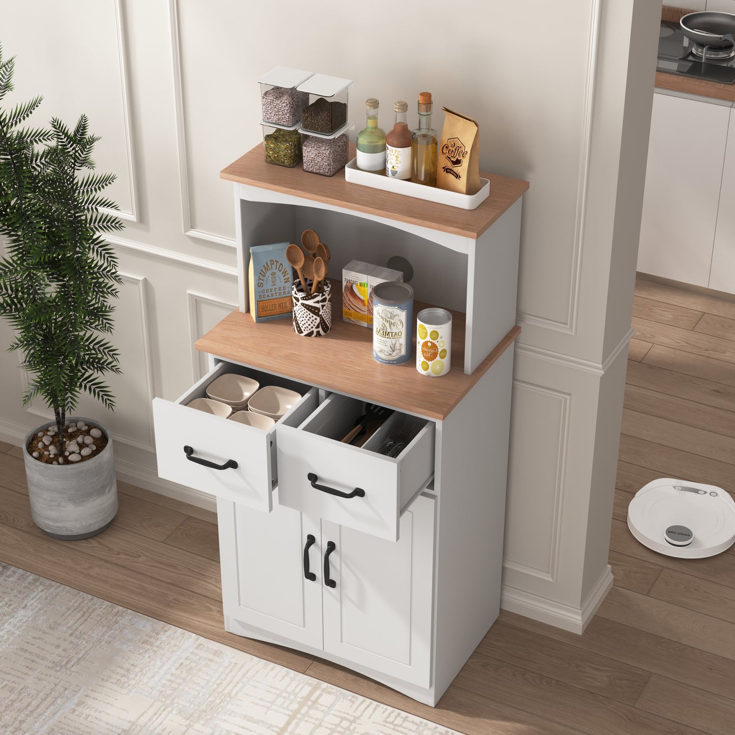 Gabinete de cocina de madera blanco, despensa, armario para microondas con cajón de almacenamiento