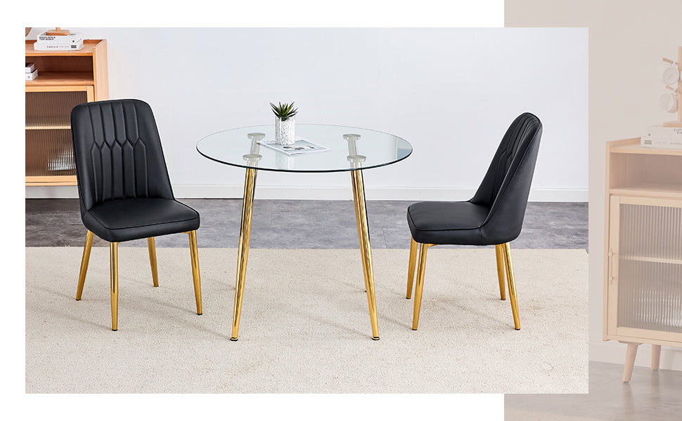 Table and chair set.36 Inch Diameter Modern Luxury Glass Dining Table and Chair Set - Gold Frame, Metal Legs.Two Black PU Chairs with Simple Line Designs On The Backrest.