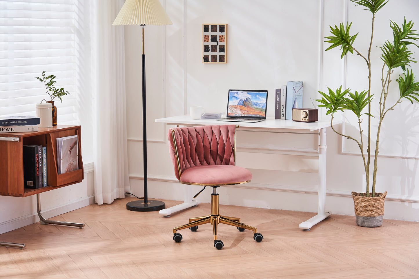Silla de escritorio tapizada para oficina en casa con ruedas giratorias ajustables, ergonómica para sala de estar, dormitorio, oficina y estudio (rosa)