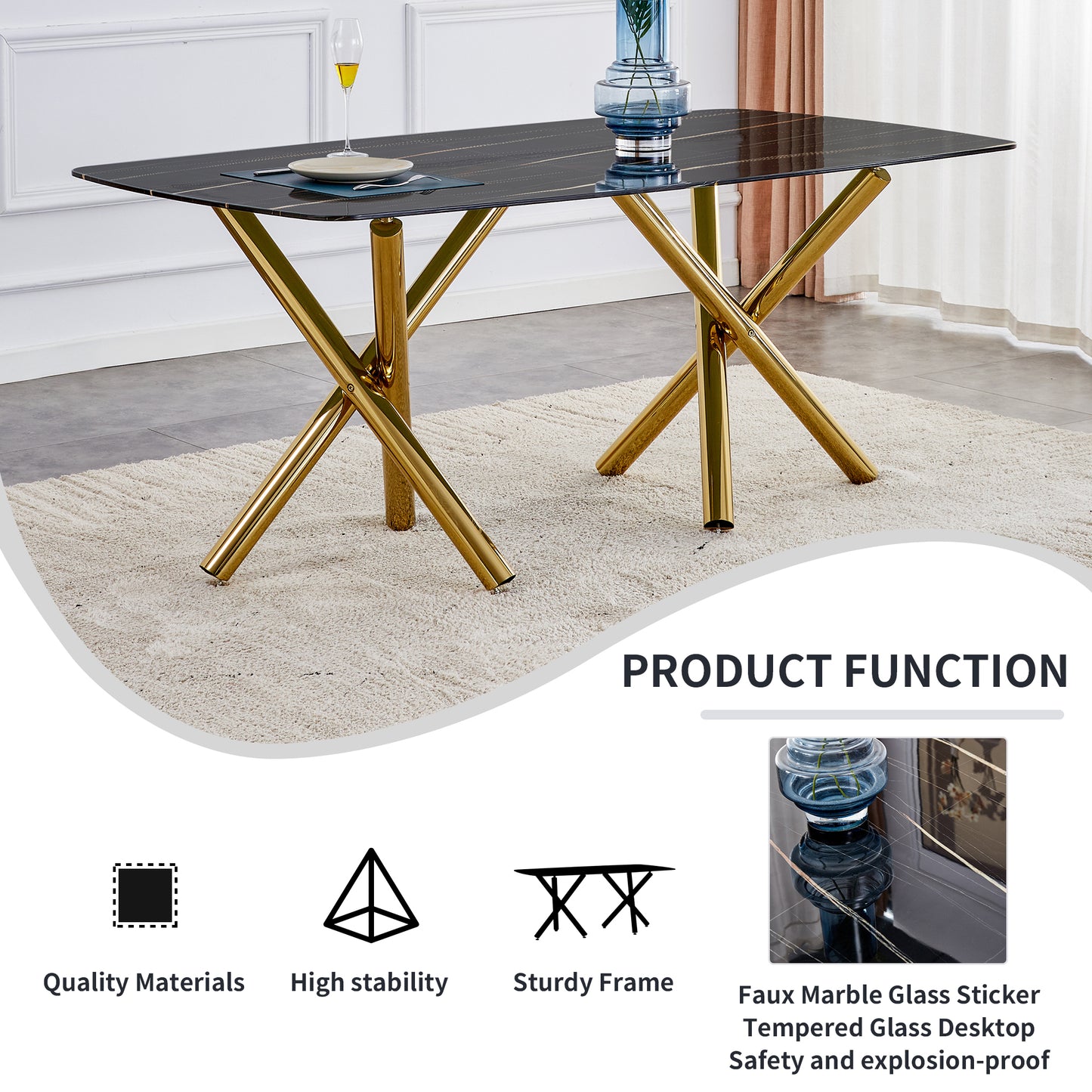 Large modern minimalist rectangular dining table with 0.39 "imitation marble black tabletop and golden metal legs, paired with chairs with PU cushions and black metal legs. F-1538 C-007